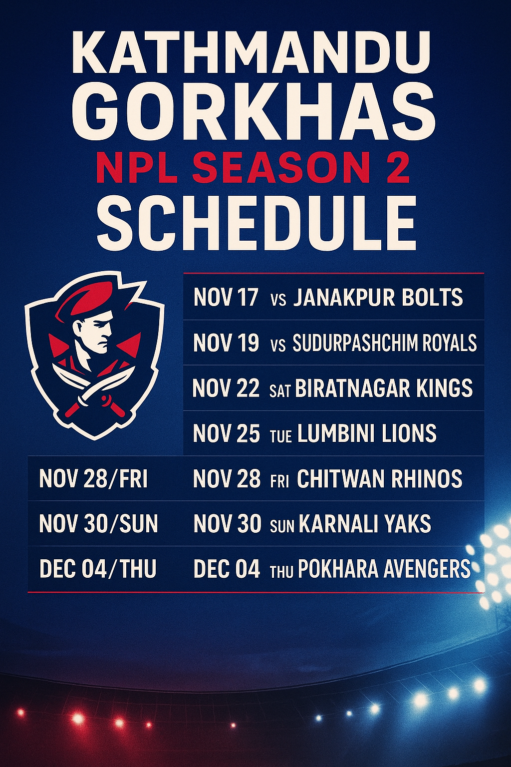 Kathmandu Gorkhas Schedule – NPL Season 2 Match Fixtures & Dates (Official)