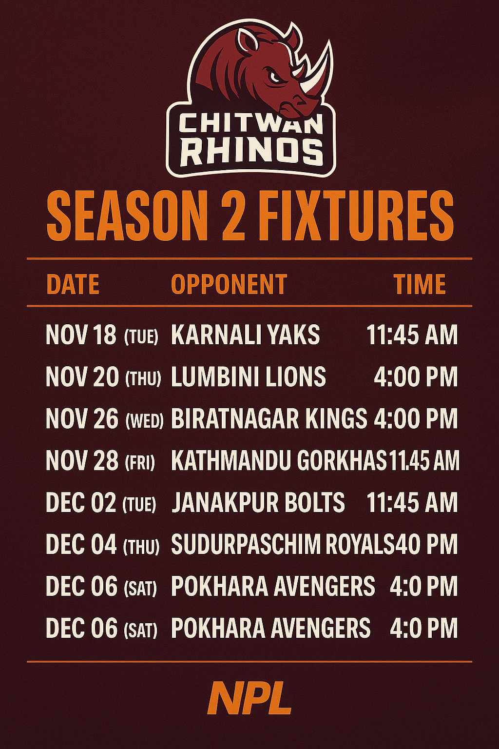 Chitwan Rhinos Schedule – NPL Season 2 Match Fixtures & Dates (Official)